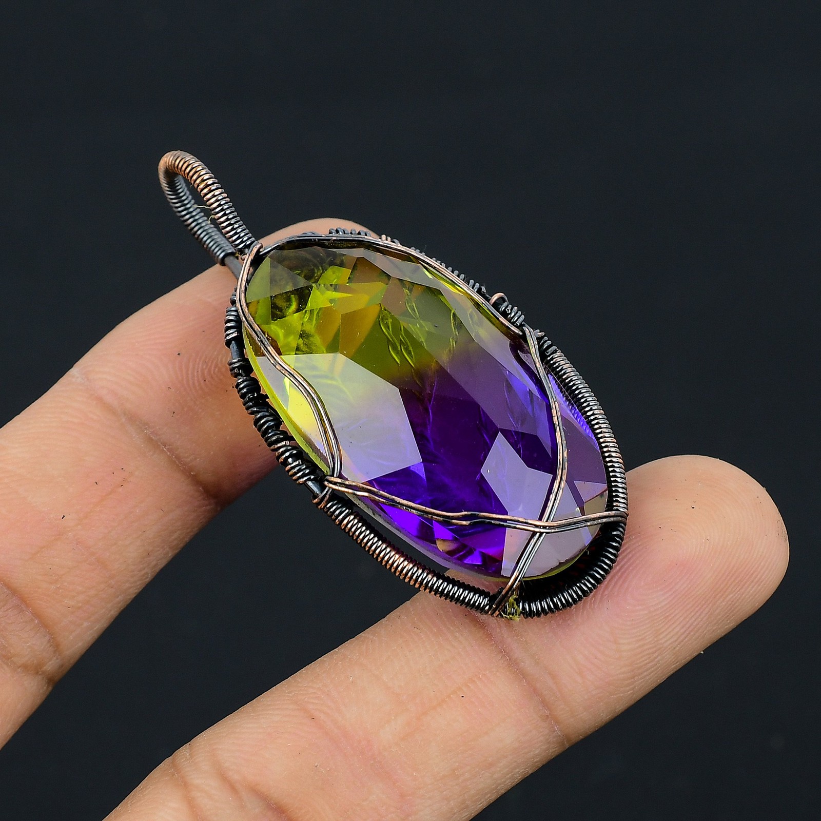 Bi Color Tourmaline Gemstone Copper Wire Wrap Jewely Pendant 2.2″ D797