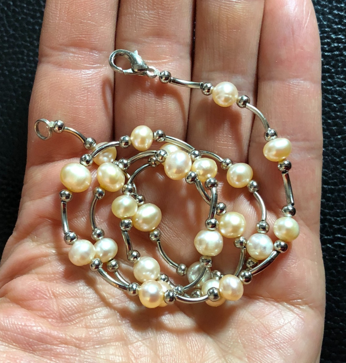 Genuine Cultured Pearl Necklace PEACH Silver Wave Tube Station Bead 18.7″ 8489