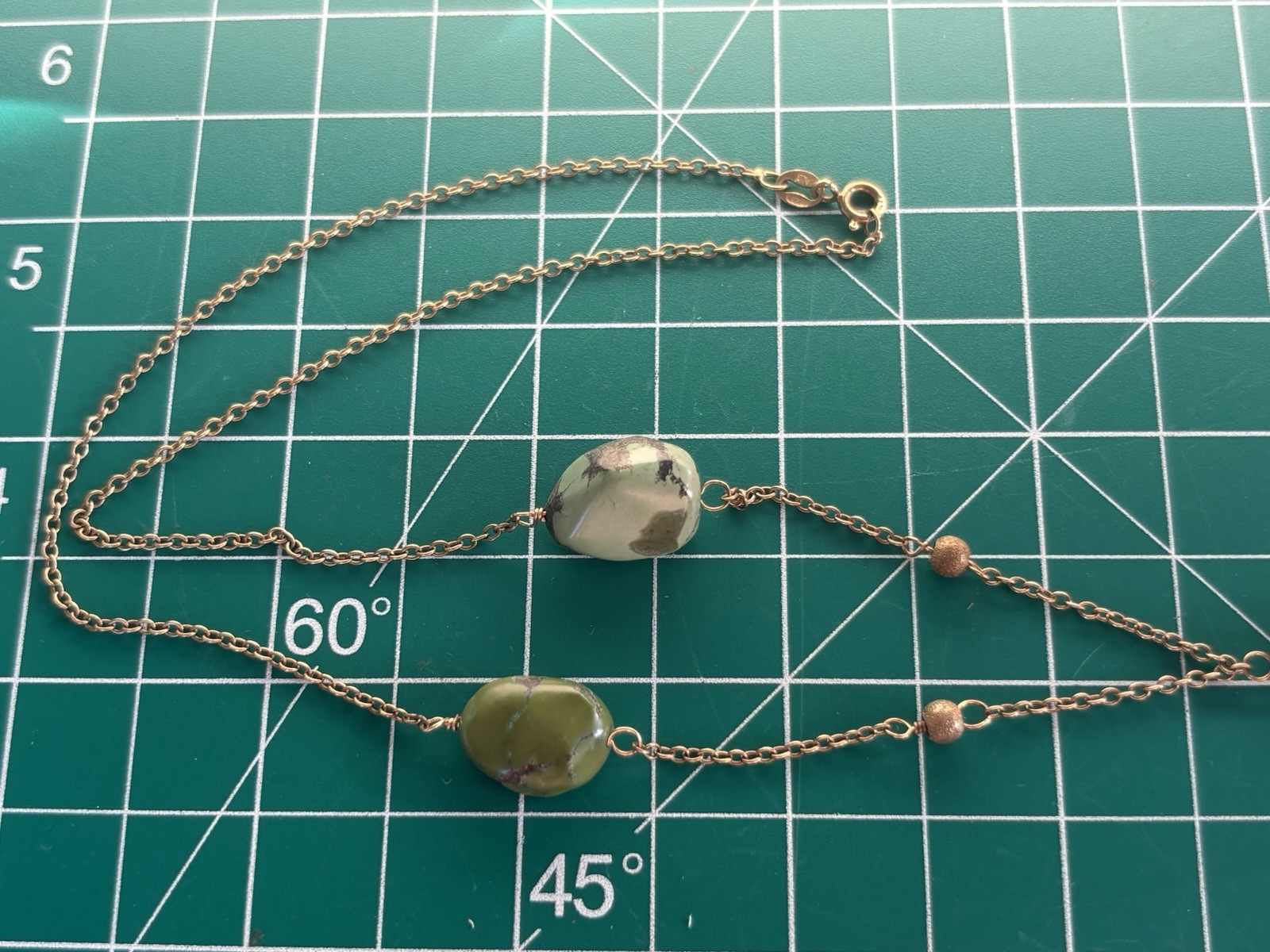Gold Tone Station Chain Necklace, Oval Green Stone Beads, Cable, Lobster Clasp