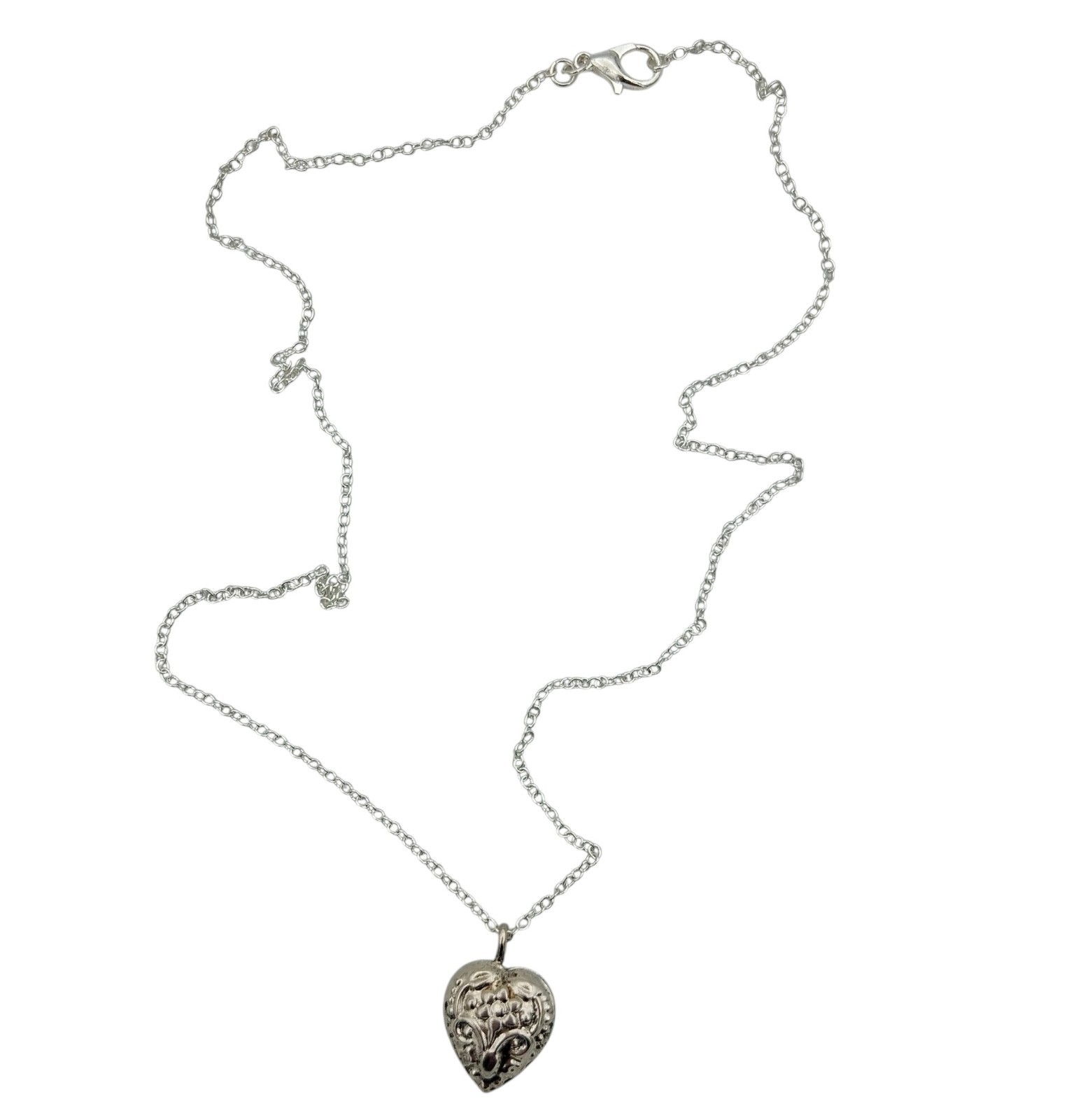 Silver Tone Puffed Heart Pendant Necklace Embossed Floral Double Sided 18″