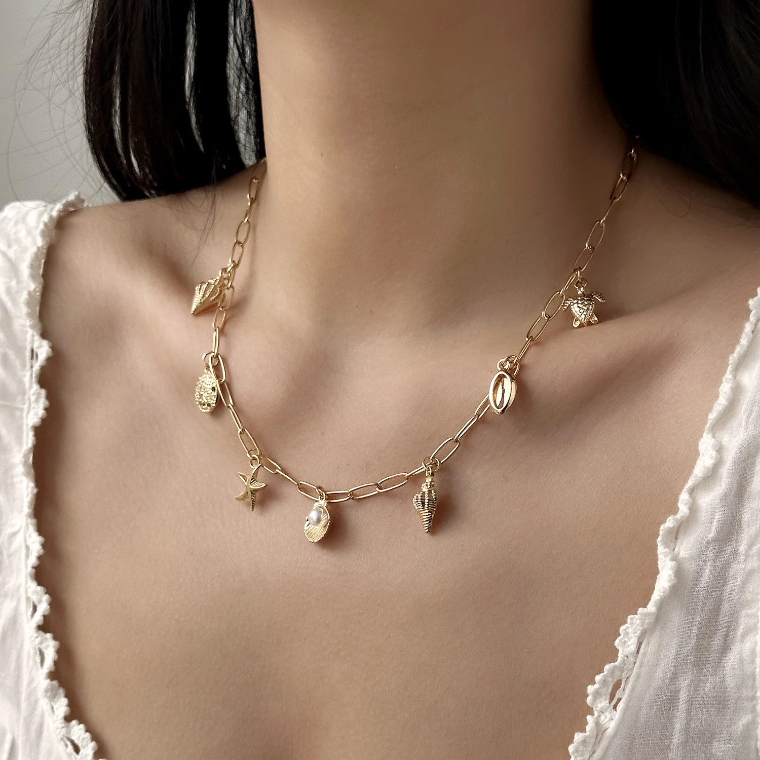 Fashion Gold Color Starfish Conch Turtle Pendant Necklace for Women Handmade She