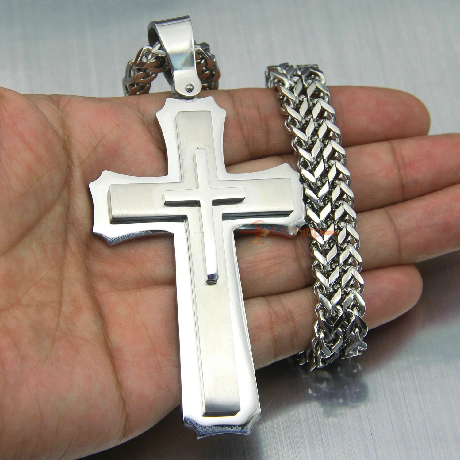 Huge Stainless Cross Men’s Necklace Pendant Heavy Large Silver Polished 3 Layer