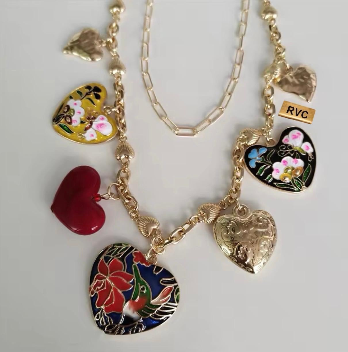 Chunky Statement Pack Of 2 Heart Charms Necklace Women’s Vintage Style Jewelry