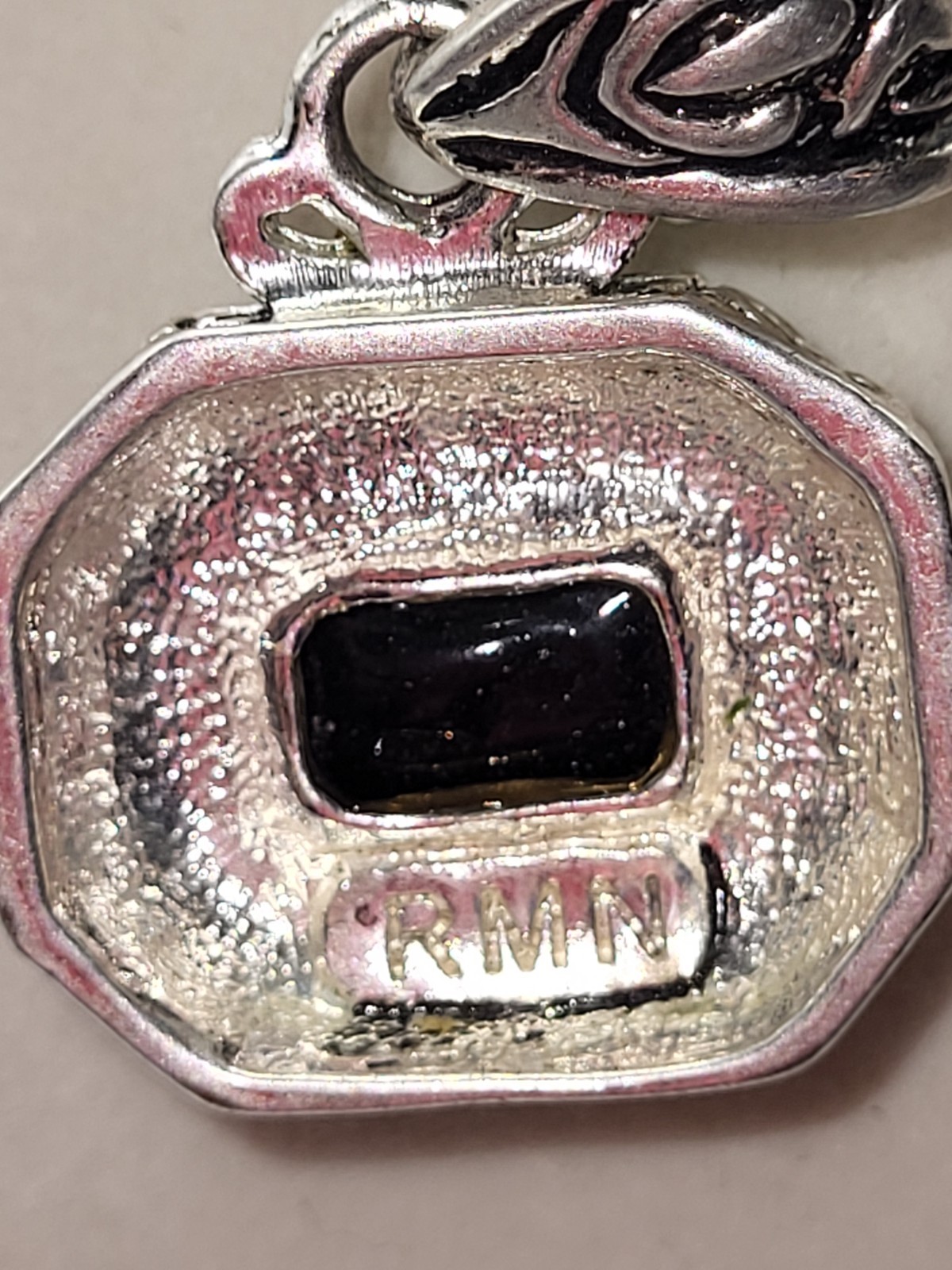 The Roman Company~RMN Signed Silver Etched Black Emerald Cut Pendent Necklace