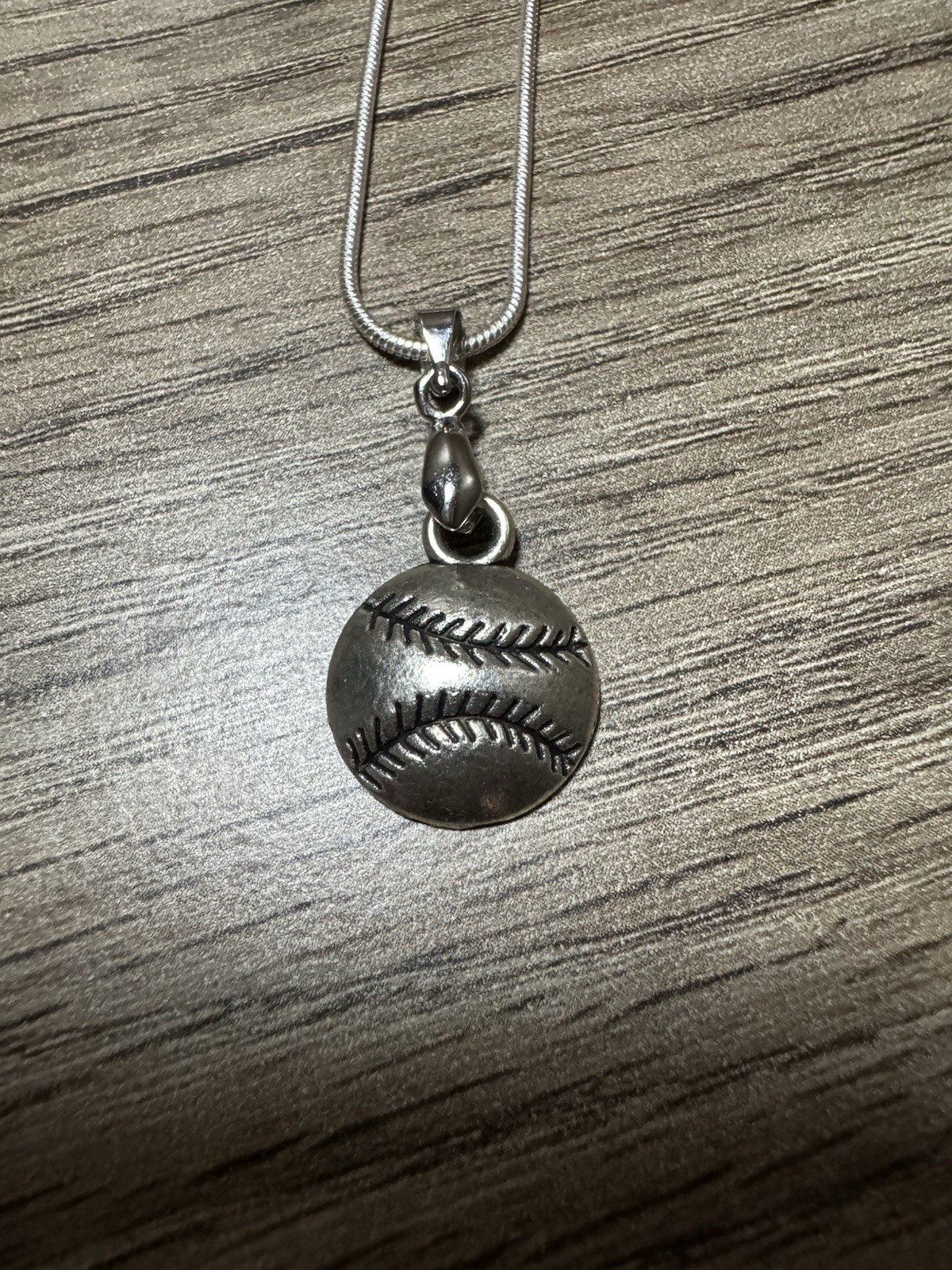 Silver Tone Baseball Charm Pendant Necklace, Round, Snake Chain, Sports Theme