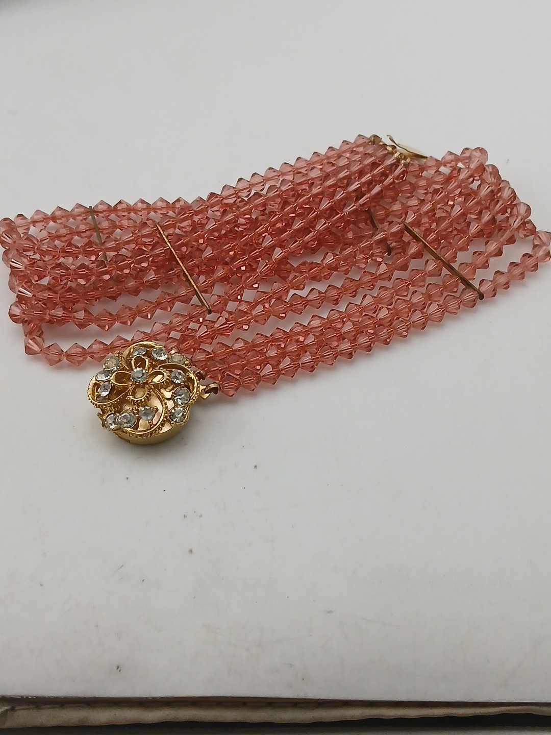 ROYAL ELEGANCE gold tone clear stones 5 strand peachy pink bicone beads chocker