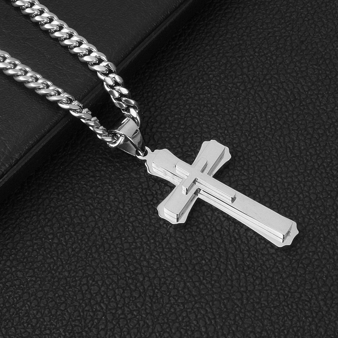 Men’s Stainless Steel Cross Necklace Cuban Chain Pendant Gold Silver Black 24