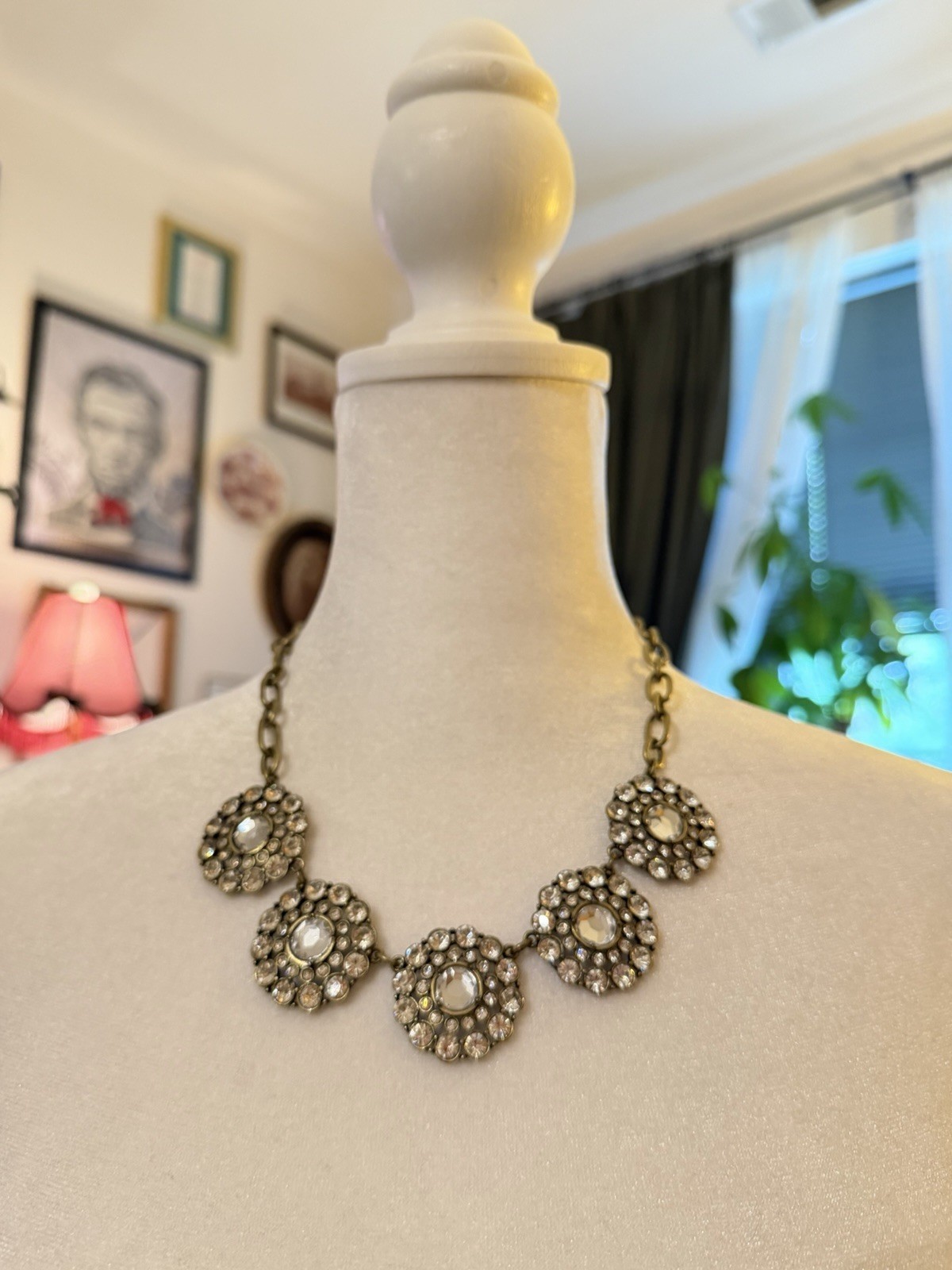 J.Crew Gold Tone Clear Crystal Cluster Statement Link Chain Necklace Adjustable