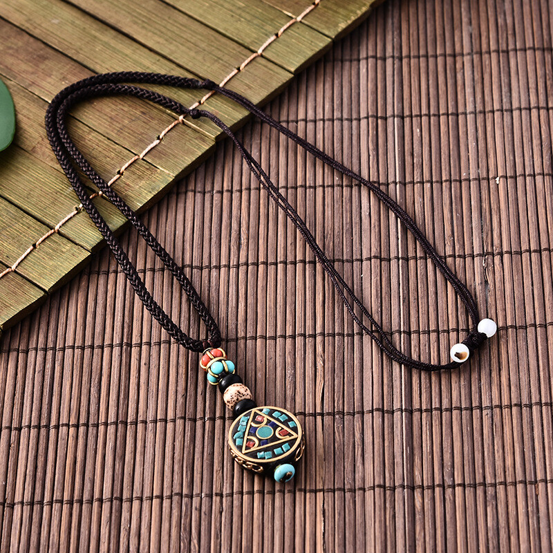 Nepal Long Buddhist Wood Beaded Pendant Necklace Ethnic Buddha Lucky Jewelry