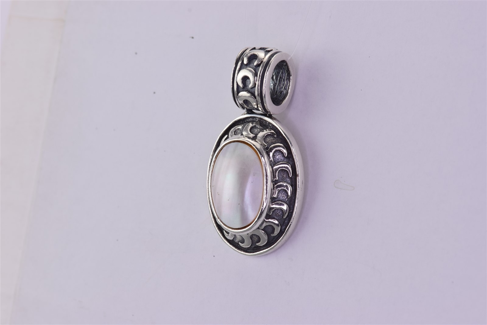 Sterling Silver 32mm x 18mm Mother of Pearl Carved Moons Bezel 925 Pendant