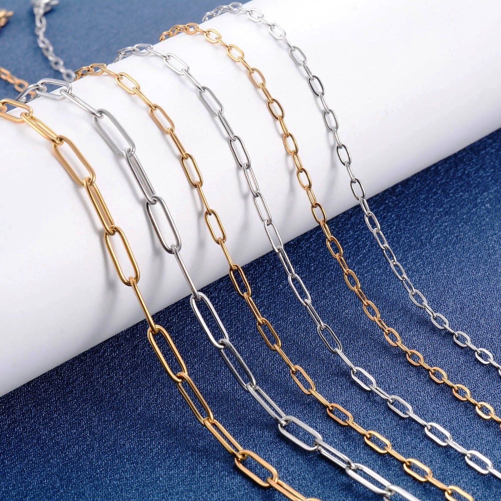 Paper clip necklace silver/gold color for women men, chains stainless steel
