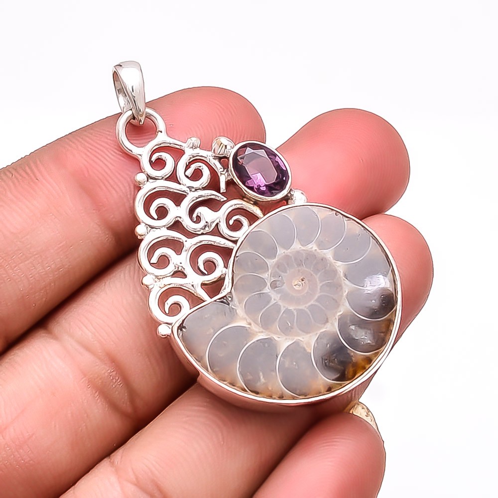 Ammonite – Fossil & Purple Amethyst – Brazil 925 Sterling Silver Pendant 2.07″