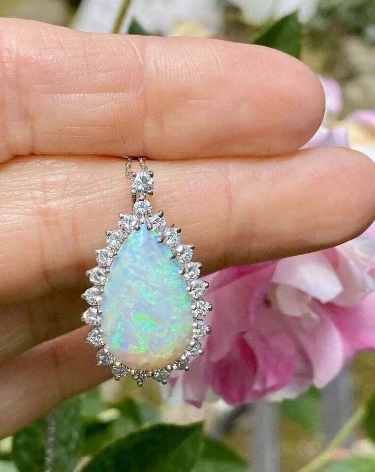 4Ct Pear Cut Fire Opal Diamond Halo Women Pendent 14K White Gold Plated