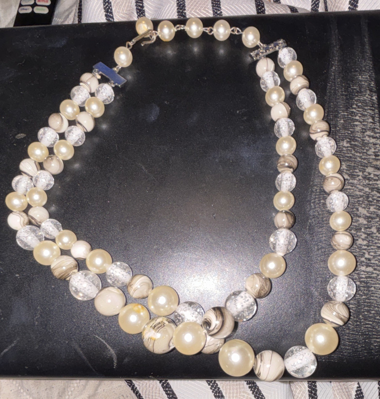Cream Genuine Pearl & Clear Glass Beaded Necklace Silver-Tone Toggle Cable Chain