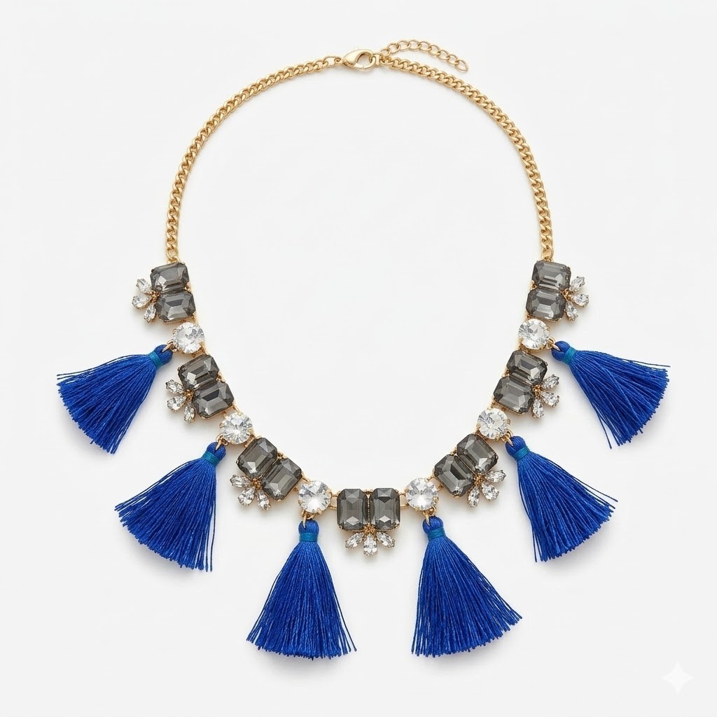 J Crew Blue Tassel Crystal Statement Necklace Gold Tone Mixed Gemstone Fringe