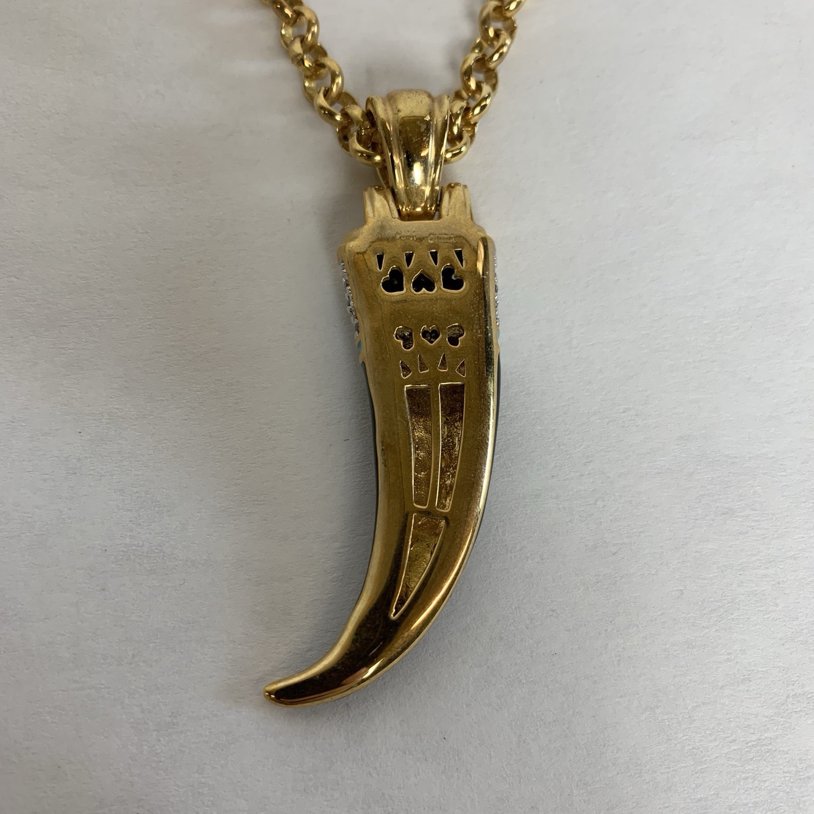 RJM Gold Tone Necklace Black Horn Pendant Blue Accents Unisex Adult