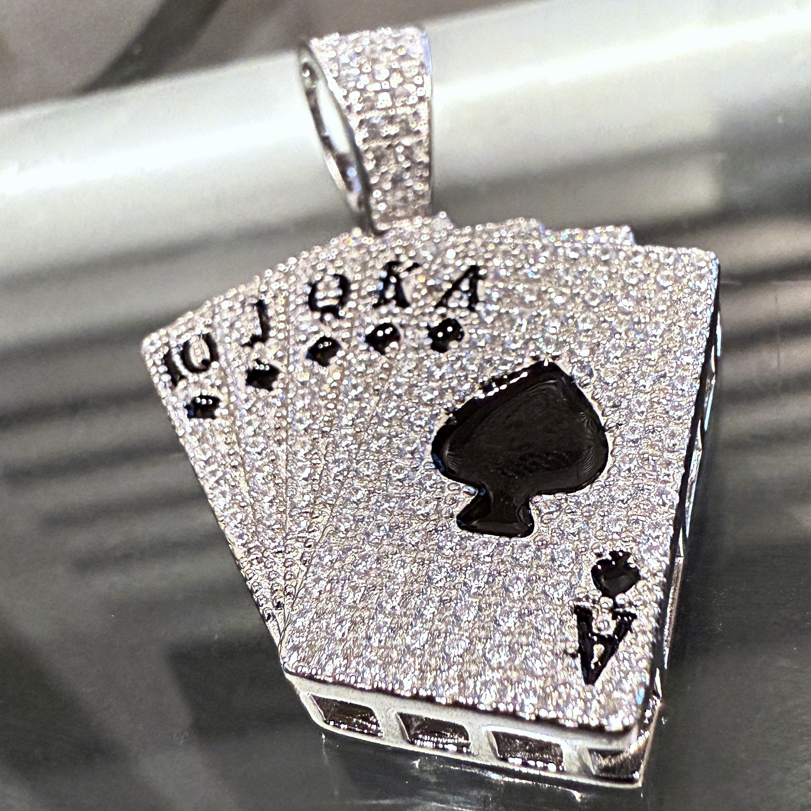 925 Sterling Silver Pendant Poker Playing Cards CZ Royal Flush Ace Spades Deck