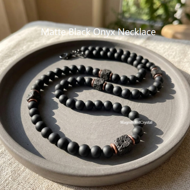 Genuine Matte Black Onyx Necklace Men Healing Protection Cube Lava Reiki Jewelry
