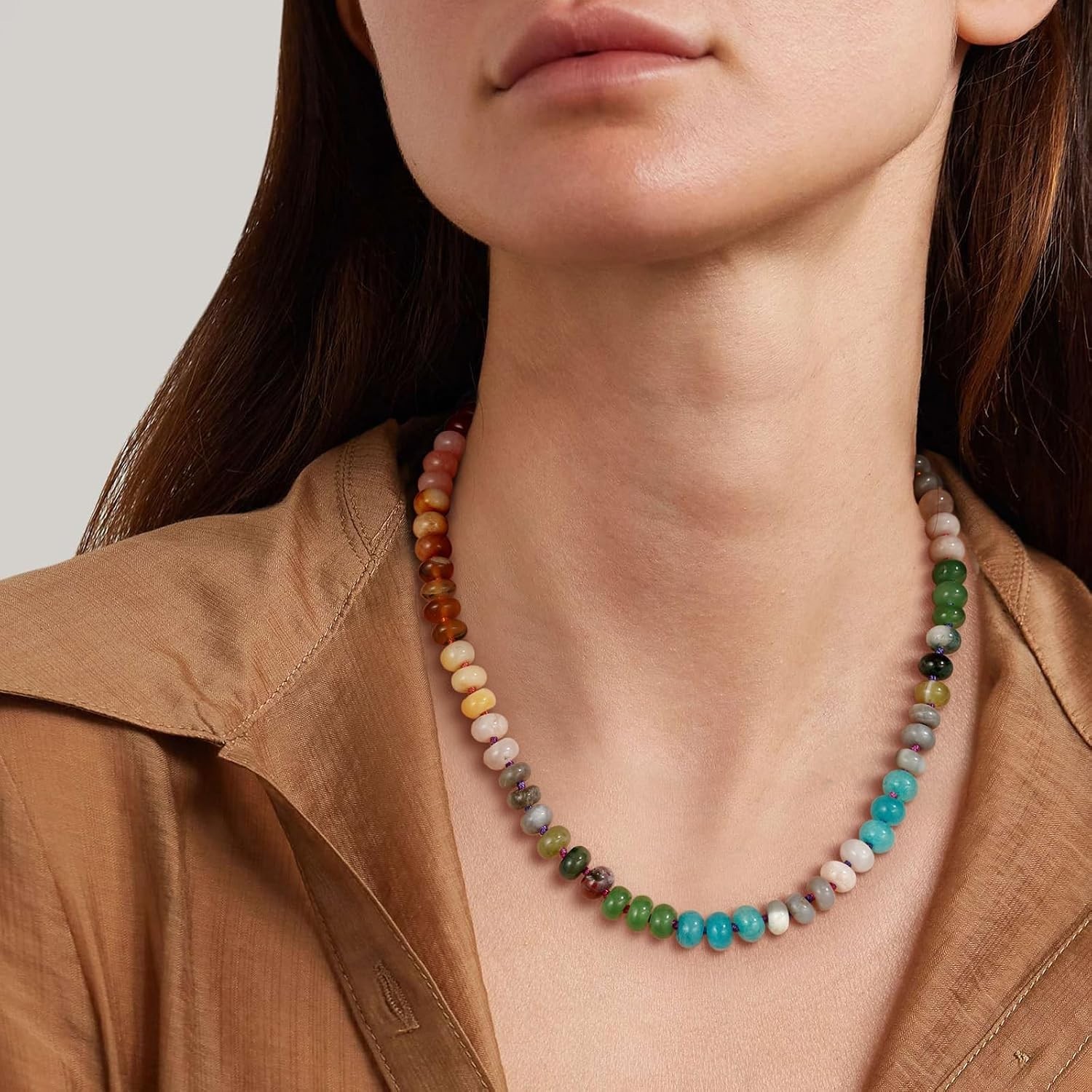 Unique Rainbow Beaded Necklace 17” – Handmade Natural Stone Choker for Summer