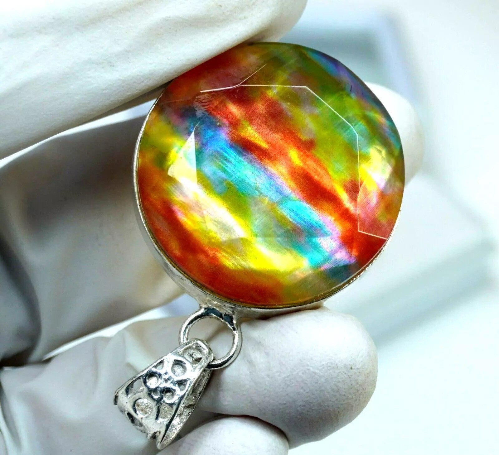 Ammolite Natural 92.56 Ct 925 Solid Silver Pendant Round Cut Loose Gemstone