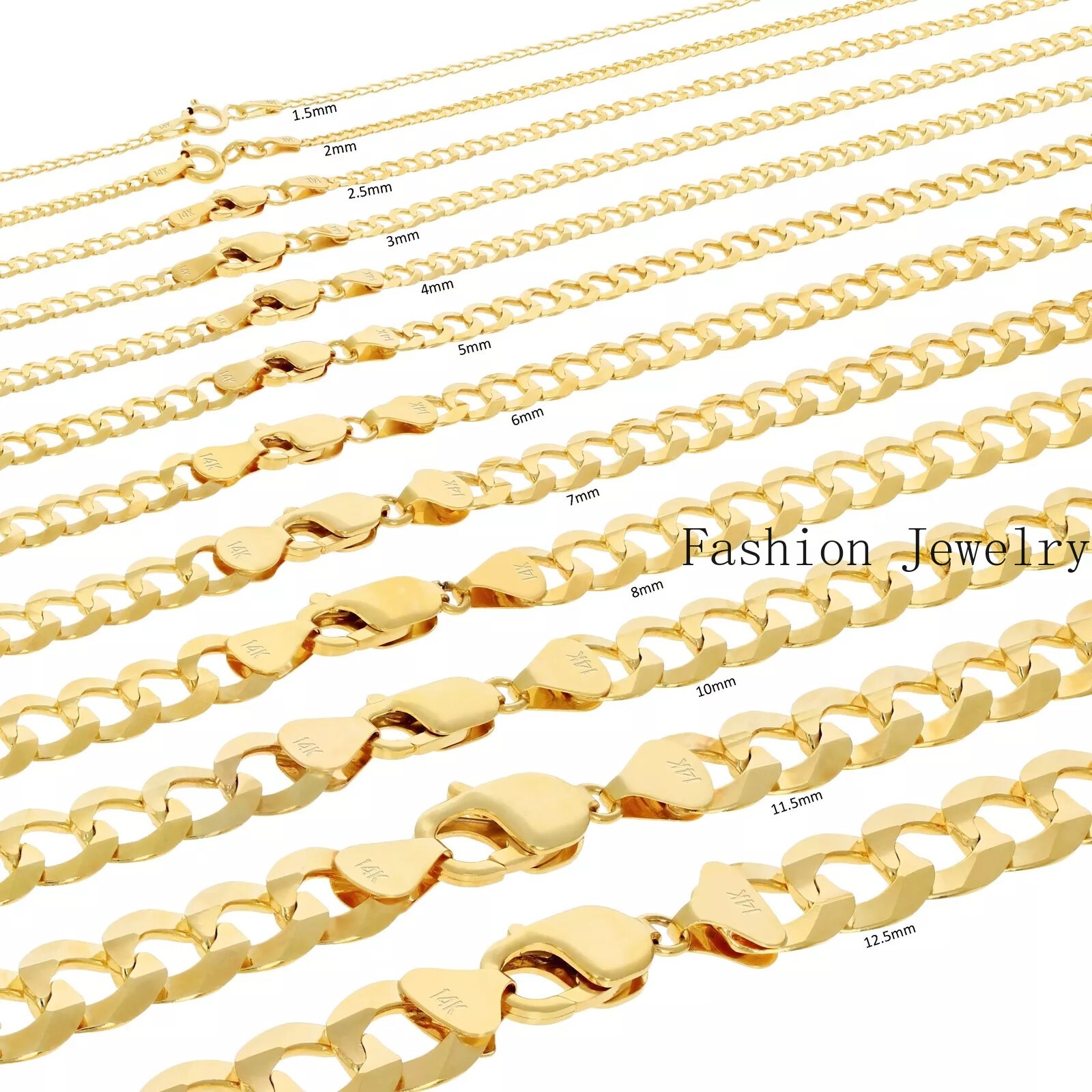 14K Yellow Gold Solid 3mm-10mm Curb Cuban Chain Link Necklace Bracelet 7″- 30″