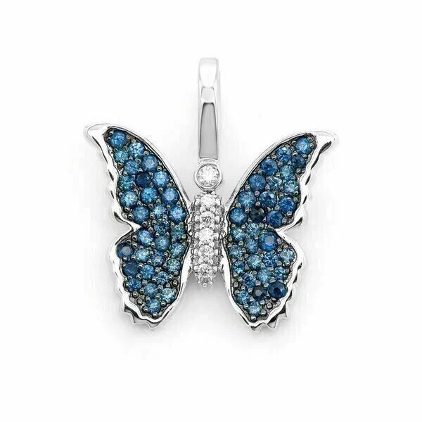 14K White Gold Plated 1Ct Simulated London Blue Topaz Butterfly Pendant 18″Chain