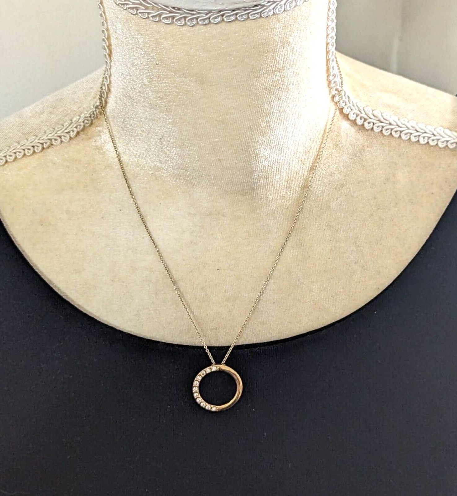 Gold Tone Rhinestone Open Circle Hoop Pendant Necklace 18″