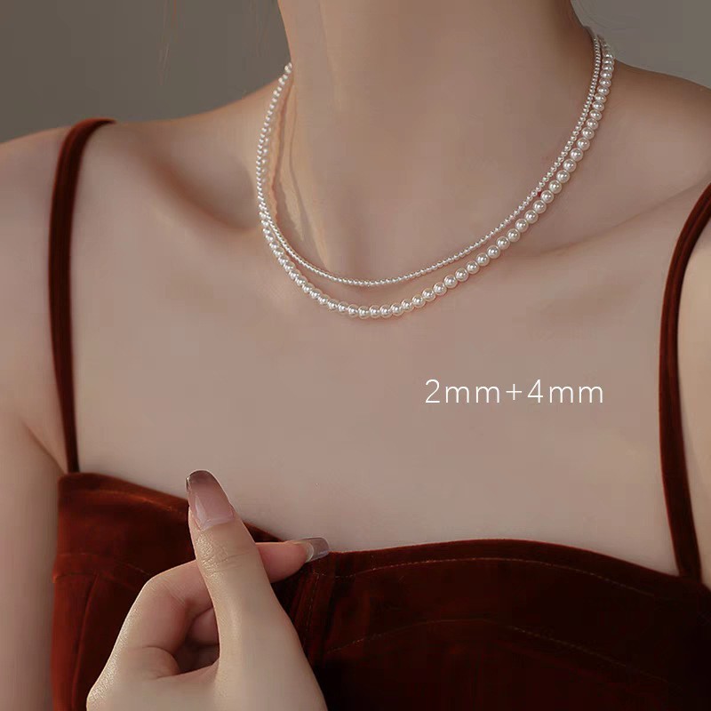 2 mm White Pearls Thin Chain Choker Necklace Lobster Clasp Adjustable