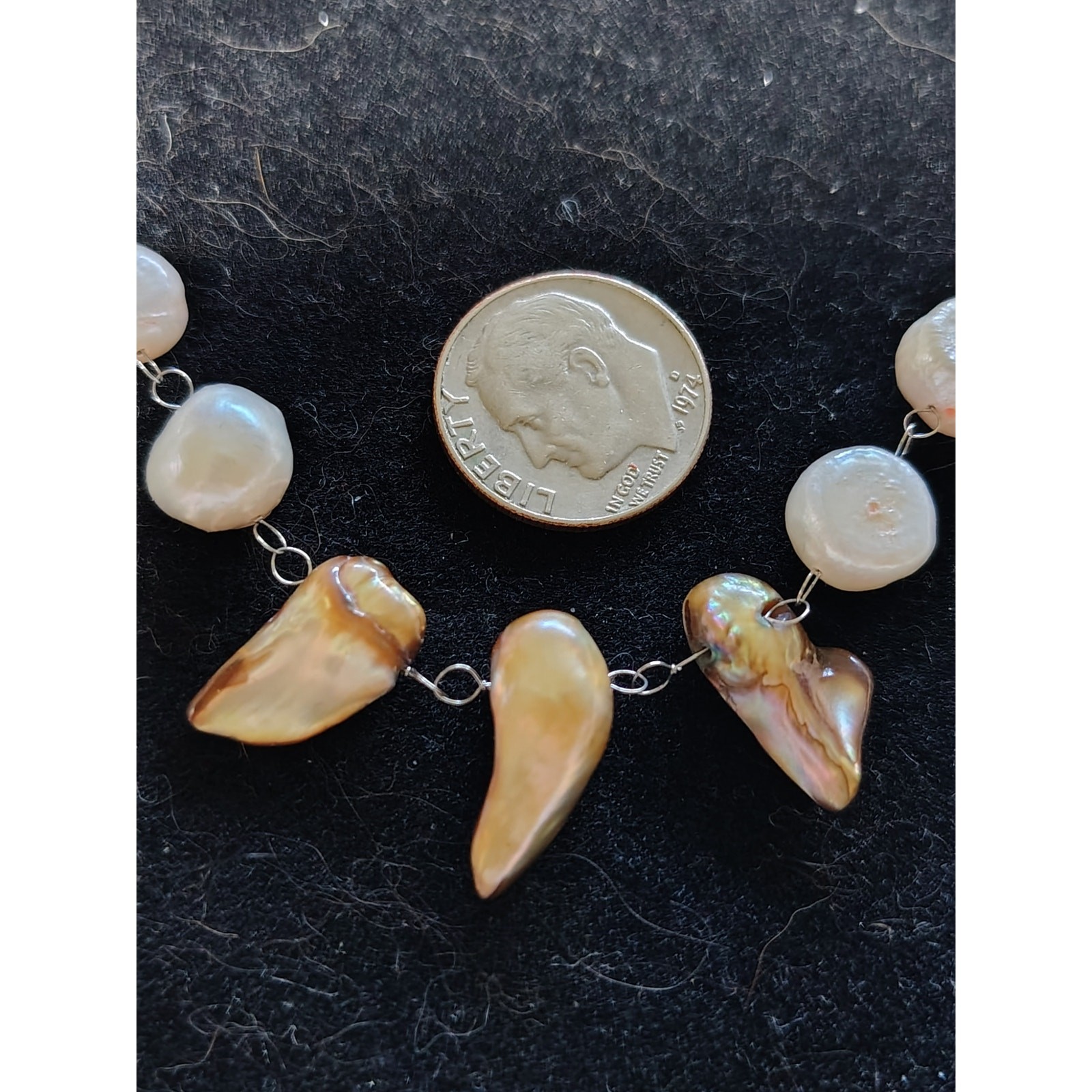 Freshwater Pearl Necklace White Coin Pearls Bronze Biwa Flame Pearls 20″