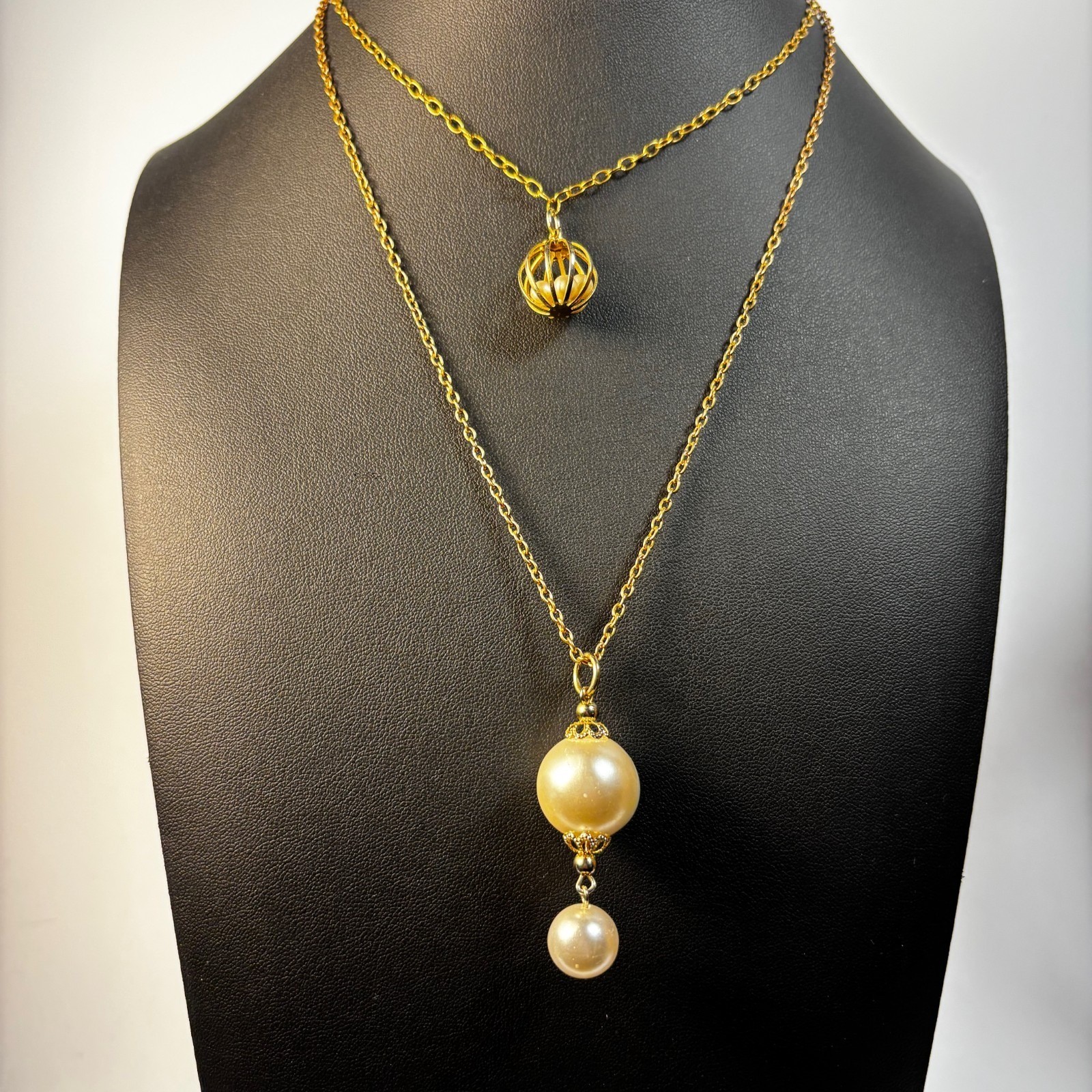 Gold Tone Layered Faux Pearl Pendant Necklace Set Orb Birdcage Drop 18-20 In