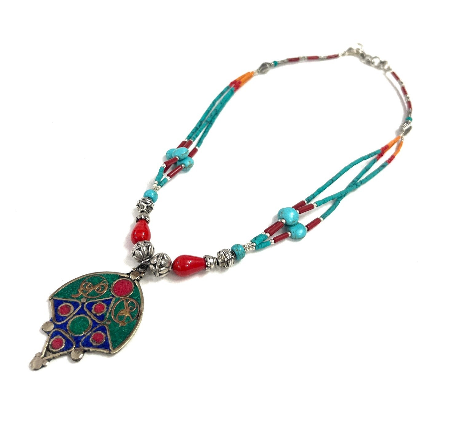 Malachite Turquoise Coral Gemstone Tibetan Pendant Necklace Jewelry, 18 Inc Adjs