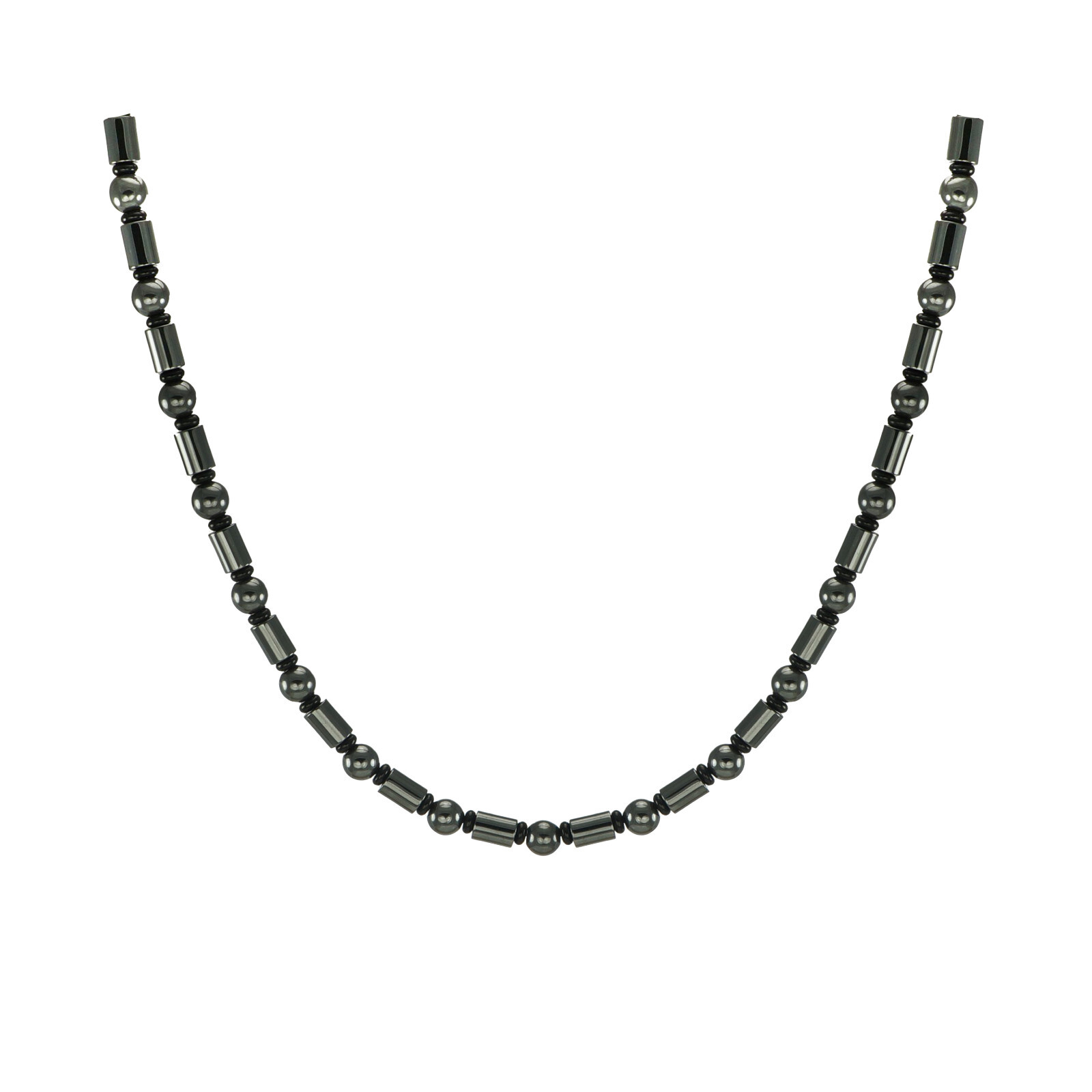 Unisex Grey Hematite Tube and Black Glass Beaded Necklace, 18 inch