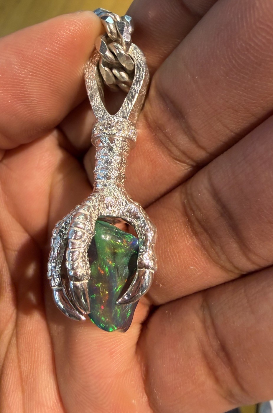 TraxNYC claw Silver Chain free form Opal Pendant Green Stone Prong Set 925silver
