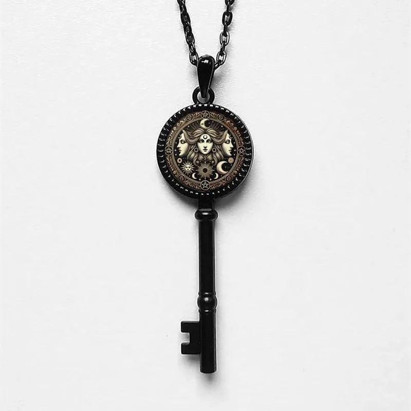 Black Metal Hekate Key Necklace Goddess Pendant Link Chain Gothic Jewelry