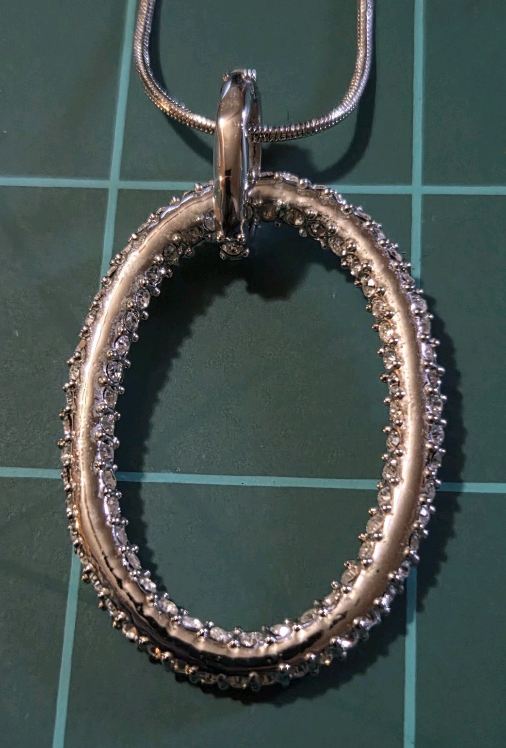 Park Lane? Unmarked Silver Tone Oval Necklace 20″ Clear CZ Cubic Zirconia Pave