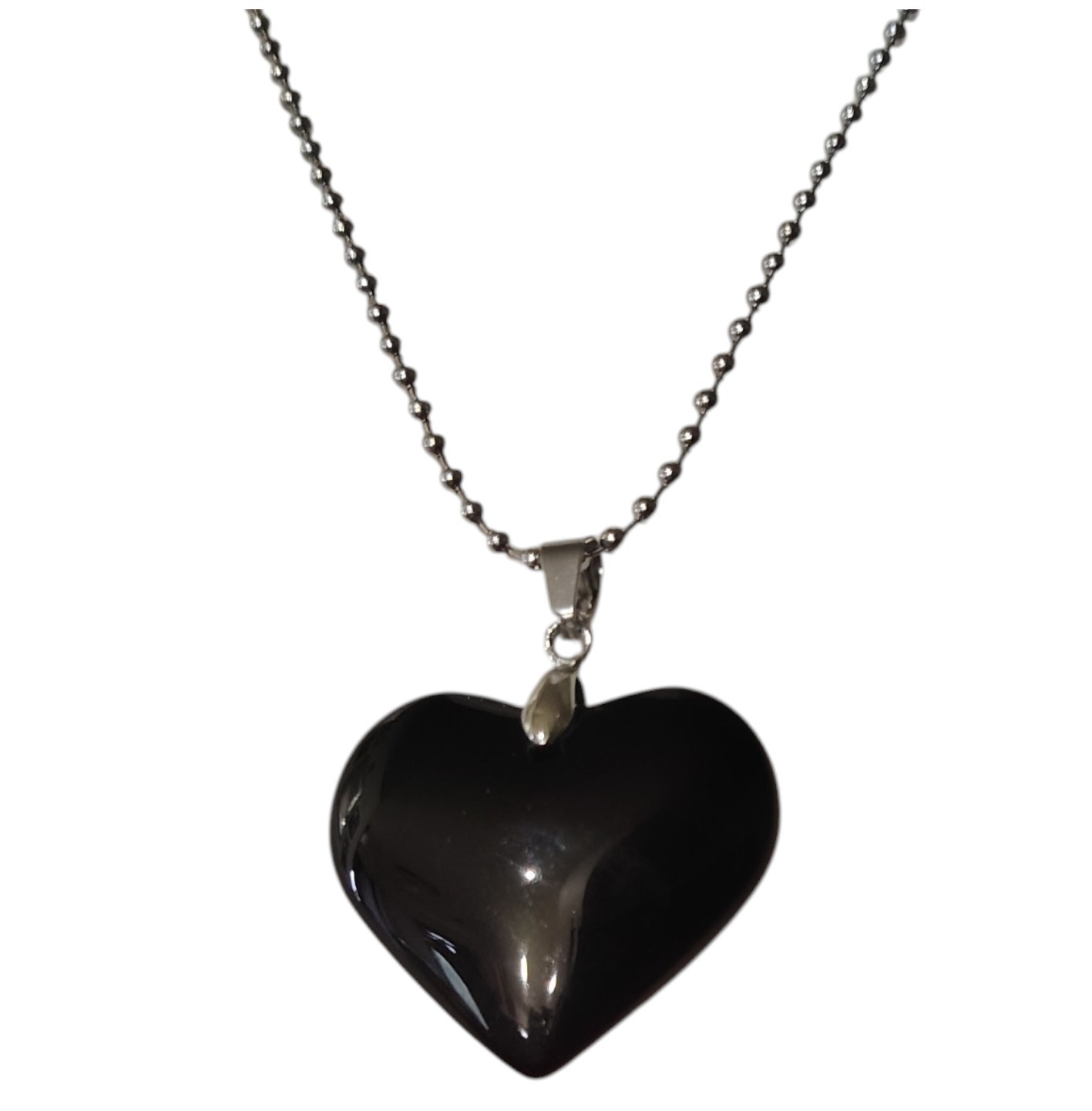 Black Heart Pendant Necklace — glossy black heart, silver-tone bail, ball chain.