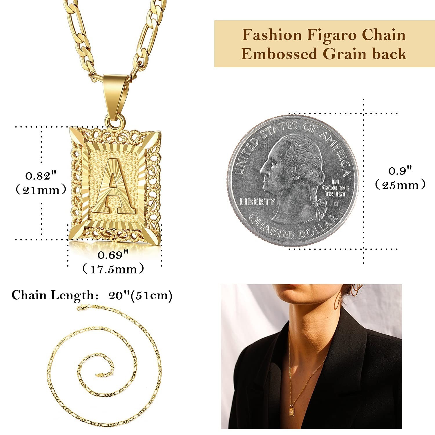 KissYan Initial Letter Pendant Necklace 14K Gold Plated Figaro Chain