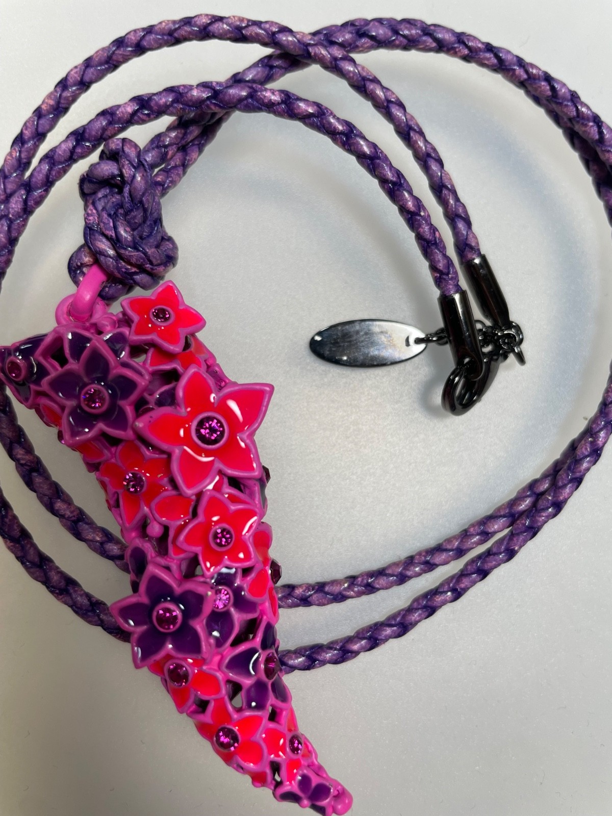 Roberto Cavalli Flower Cornicello Horn Pendant Necklace Purple Pink Italy