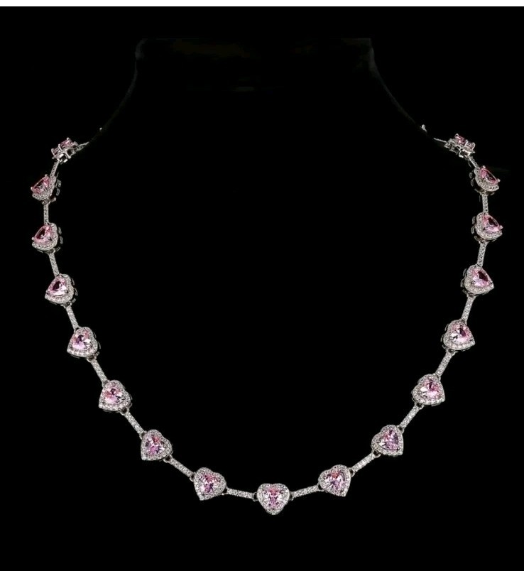 14k White Gold Plated Pink Heart Austrian Crystals C Zirconia Iconic Necklace