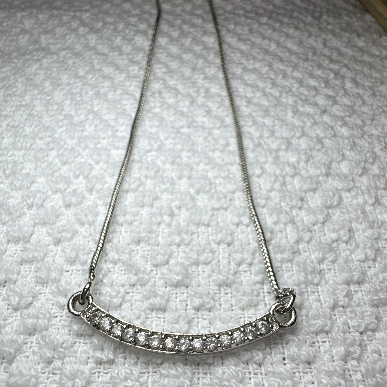 Silver-Tone Metal Box Chain Bar Pendant Necklace, Clear Crystal, Lobster, 18in