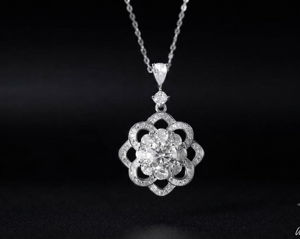 Moissanite Floral Pendant Necklace, Sterling Silver Flower Cluster Charm,