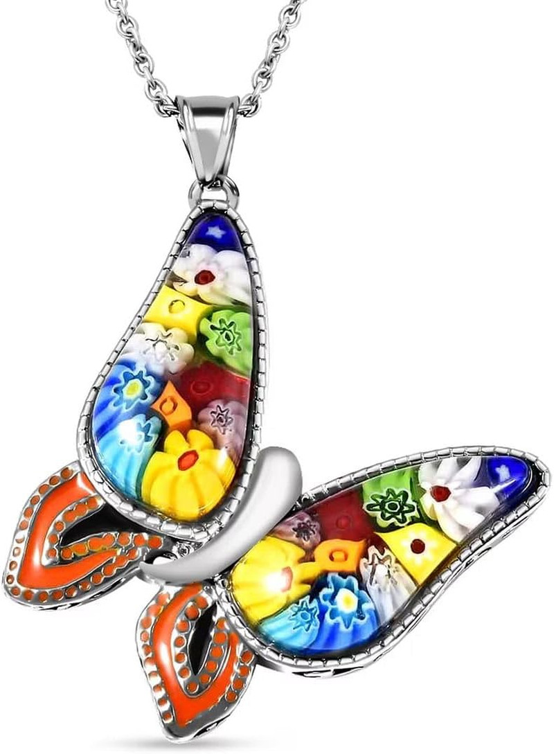 Murano Style Millefiori Glass Butterfly Necklaces for Women – Colorful Boho Neck