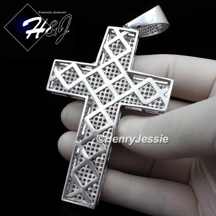 14K WHITE GOLD PLATED ICY BLING CZ HIP HOP OVERSIZE 3D CROSS CHARM PENDANT*BP1