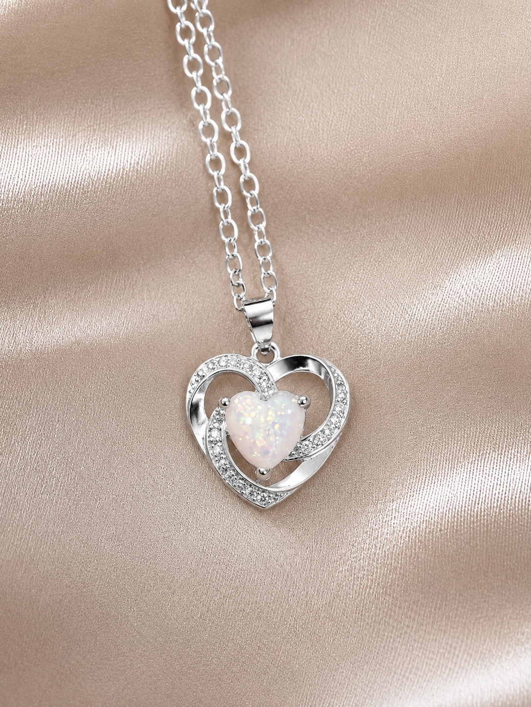 925 Sterling Silver Plated Faux Opal Heart Pendant Necklace 18″ Gift Jewelry