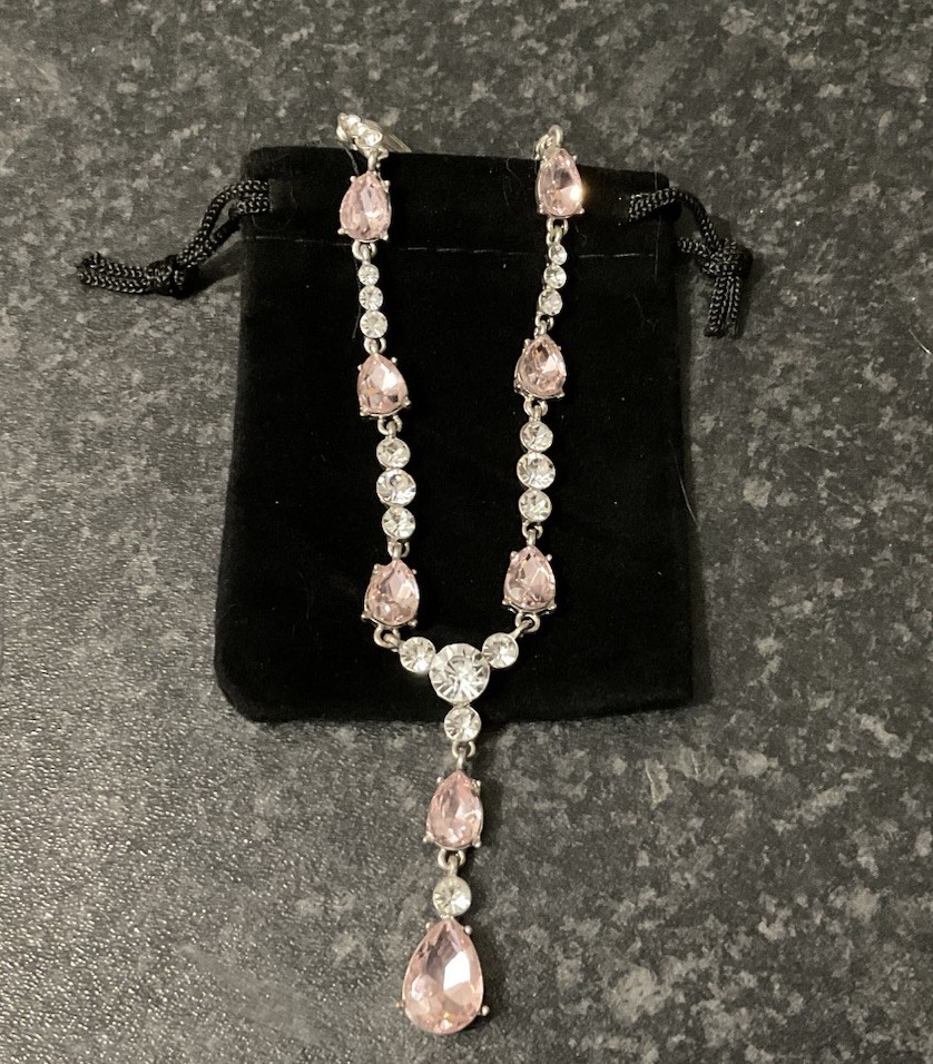 Preloved Y drop Necklace, Pink white crystal beads, silver tone 46cm + Extn