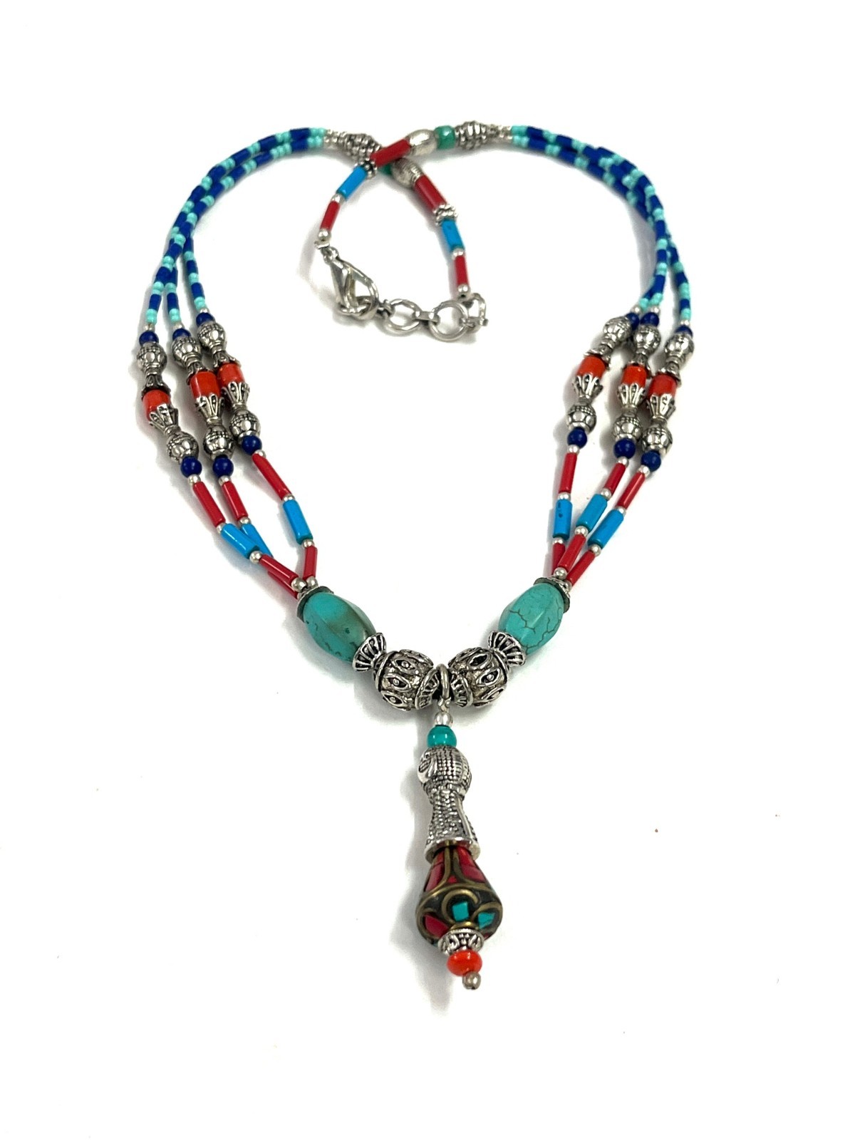 Nepalese Turquoise Coral Gemstone Tibetan Boho Necklace Jewelry, 18 inch Adj