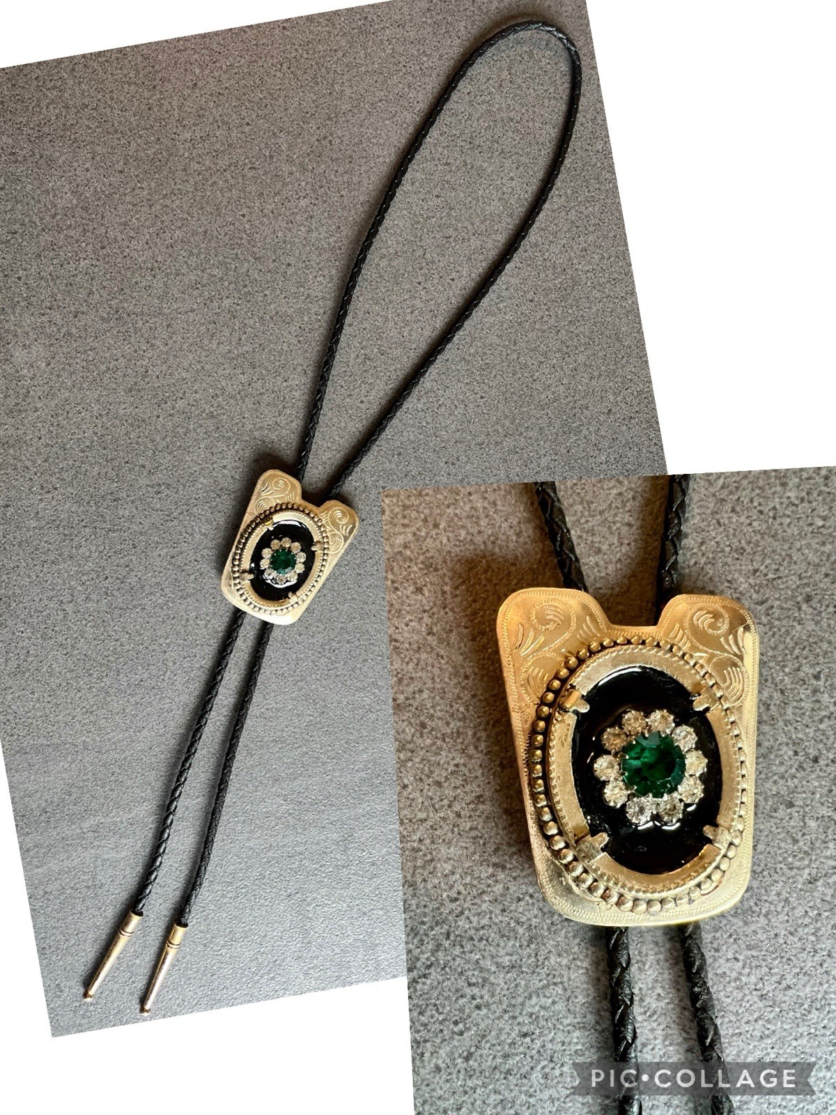 Gold Tone Western Bolo Tie w/ Green Rhinestone and Black Faux Onyx
