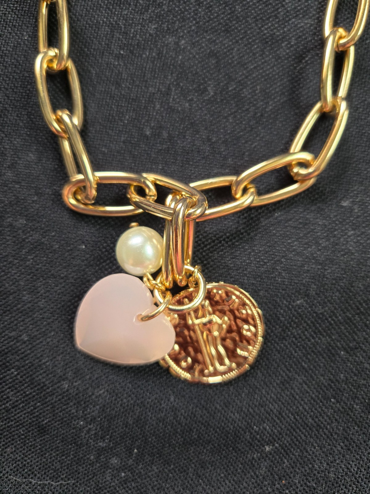 J.CREW Puffy Heart Pearl Coin Charms Gold Necklace, Retails $49.50 NWT!