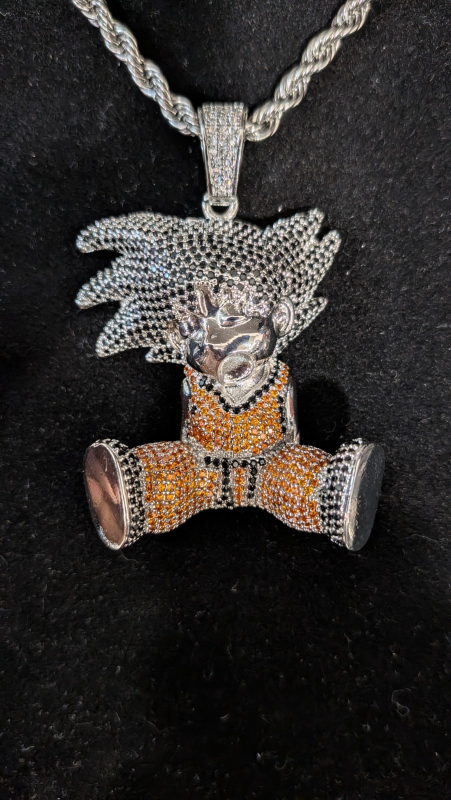 Iced Out Anime Character Pendant Rope Chain 14K White Gold Plated Stainles Steel