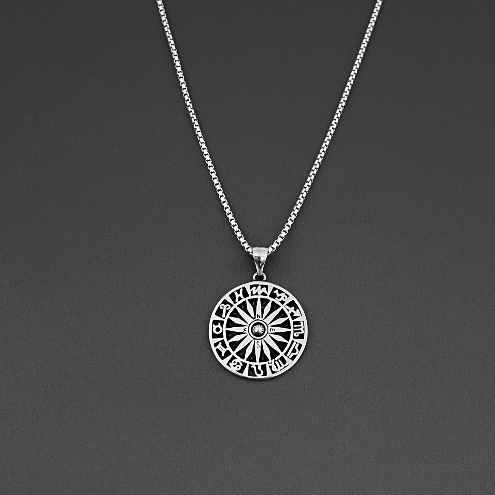Sterling Silver Unisex Zodiac Wheel and Compass Necklace, Zodiac Signs Chain